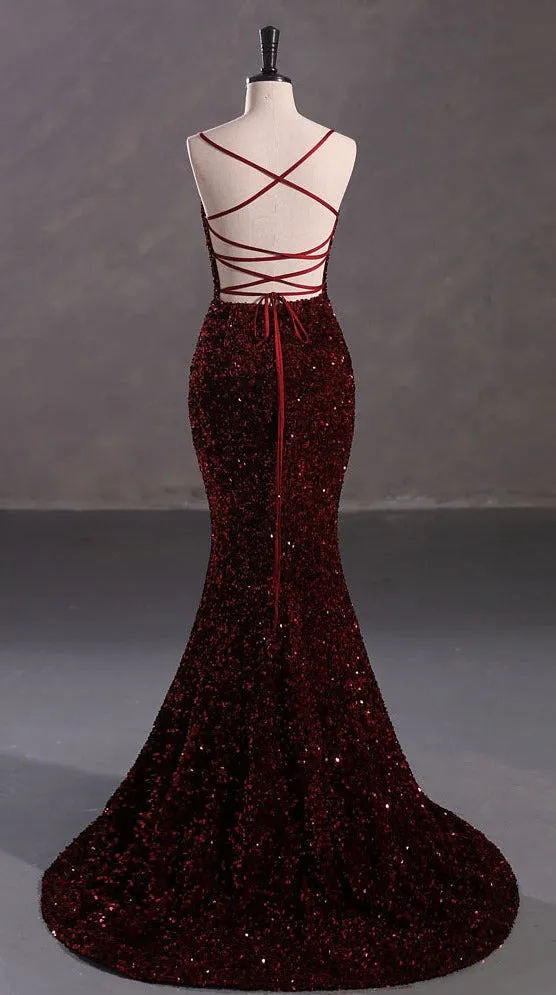 kamahe Slim Burgundy Shimmery Open Back Formal Prom Evening Dress