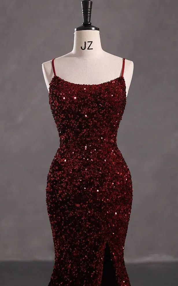 kamahe Slim Burgundy Shimmery Open Back Formal Prom Evening Dress