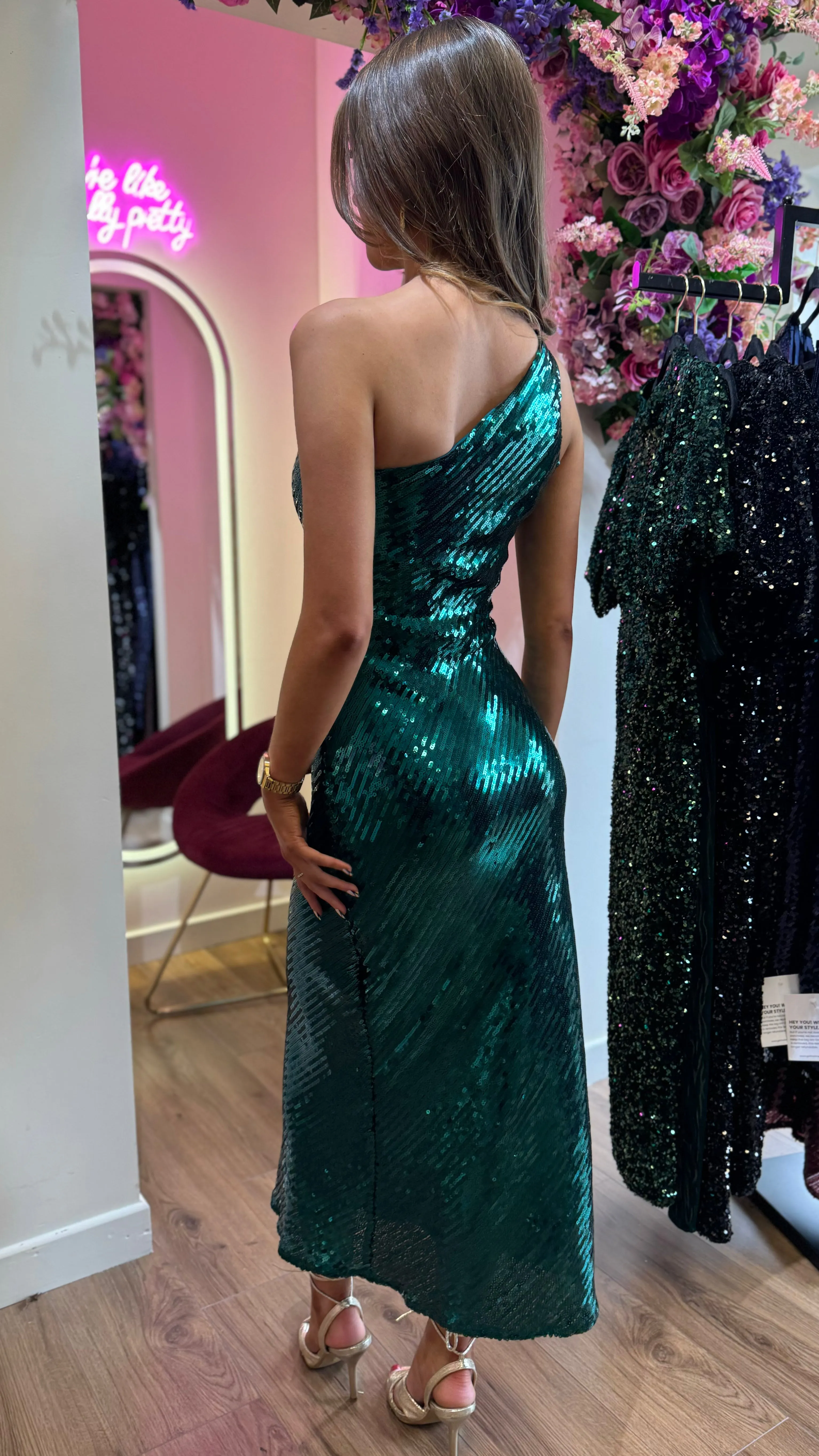 Kendall Green Sequin One Shoulder Maxi Dress