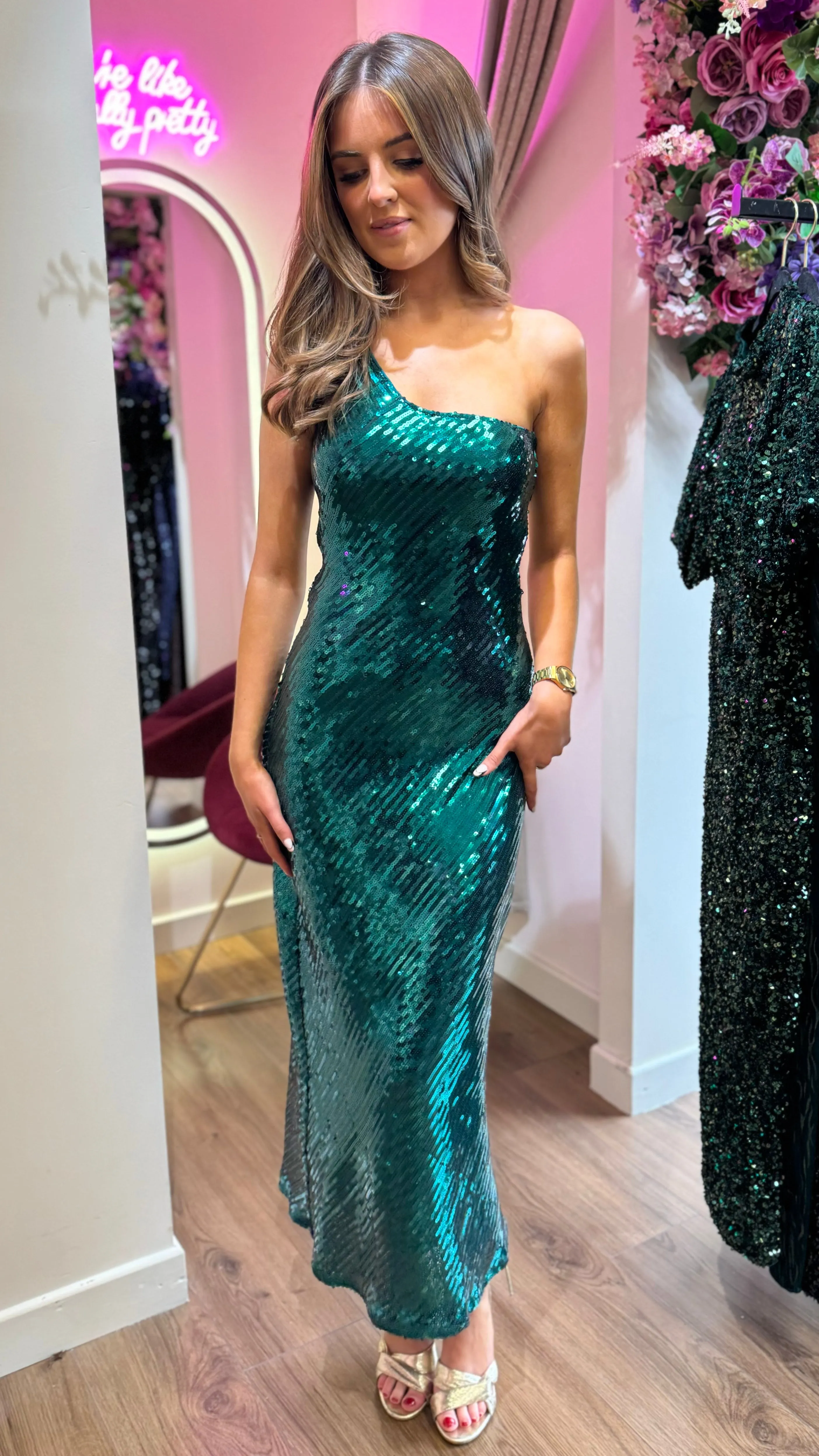 Kendall Green Sequin One Shoulder Maxi Dress