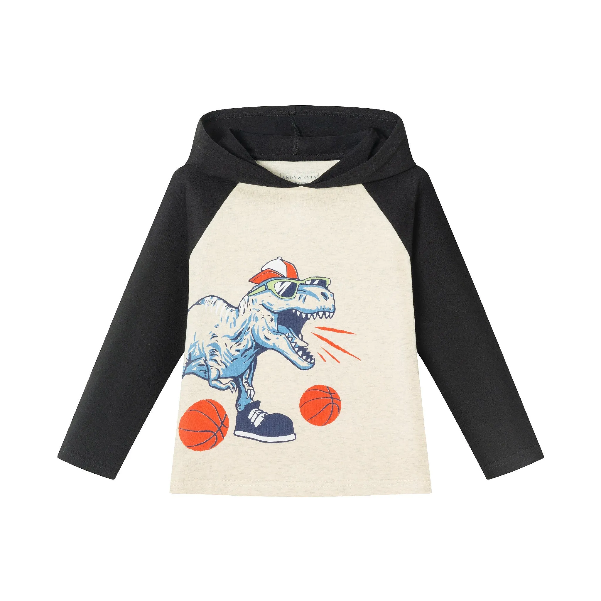 Kids Long Sleeve Hooded Tee | Basketball Dino