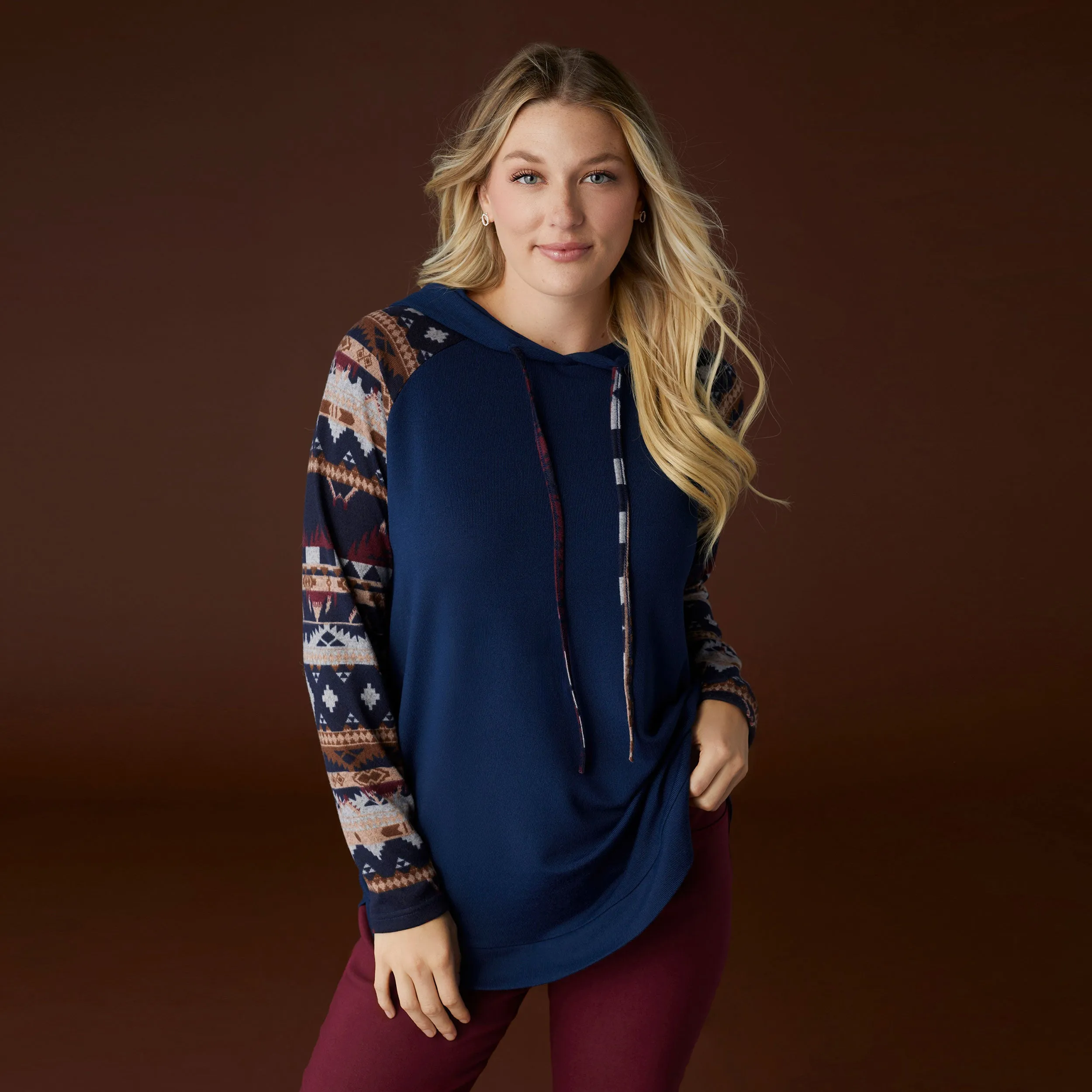 Kyla Hooded Aztec Sleeve Tunic - Navy/Aztec