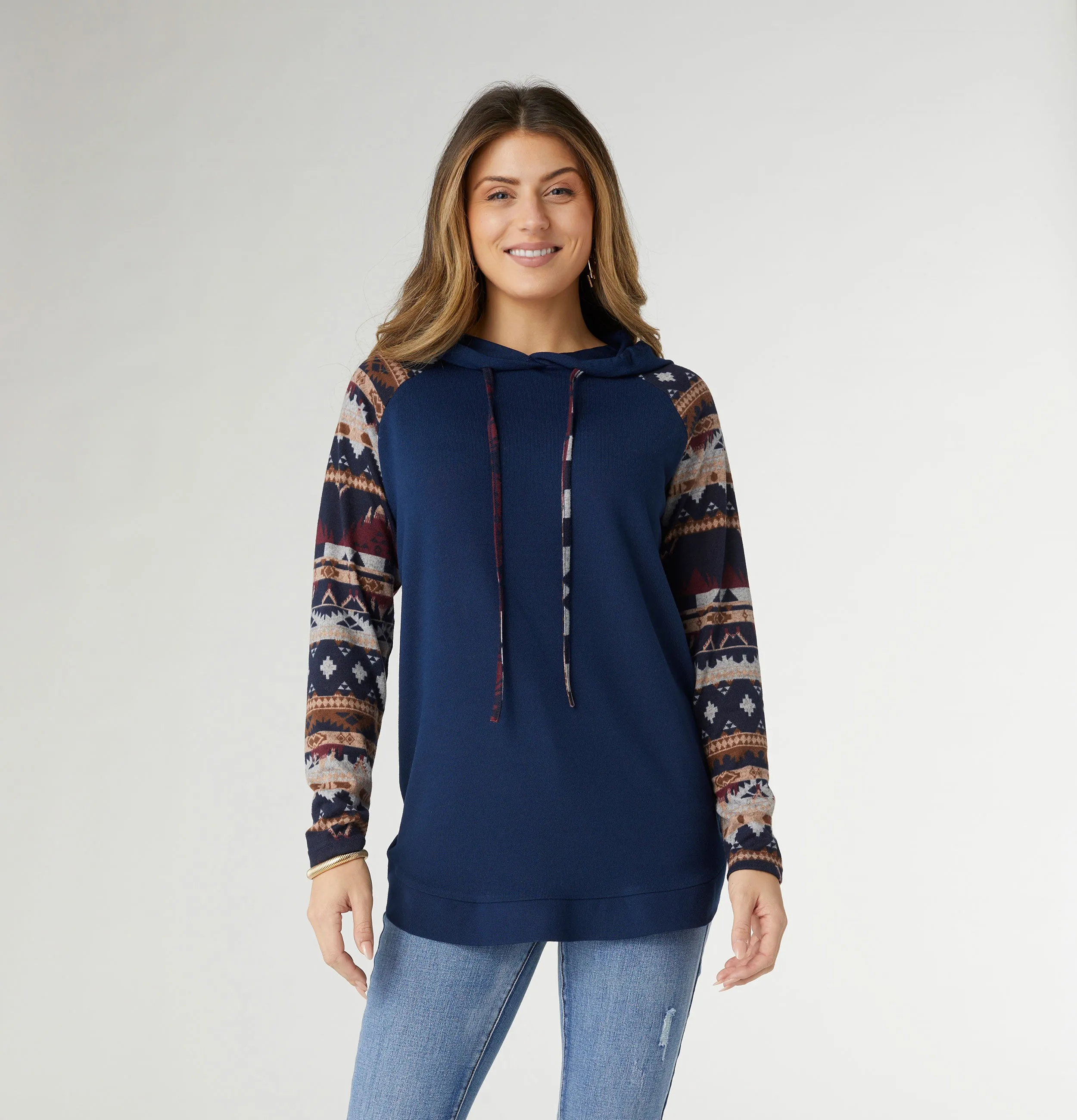 Kyla Hooded Aztec Sleeve Tunic - Navy/Aztec