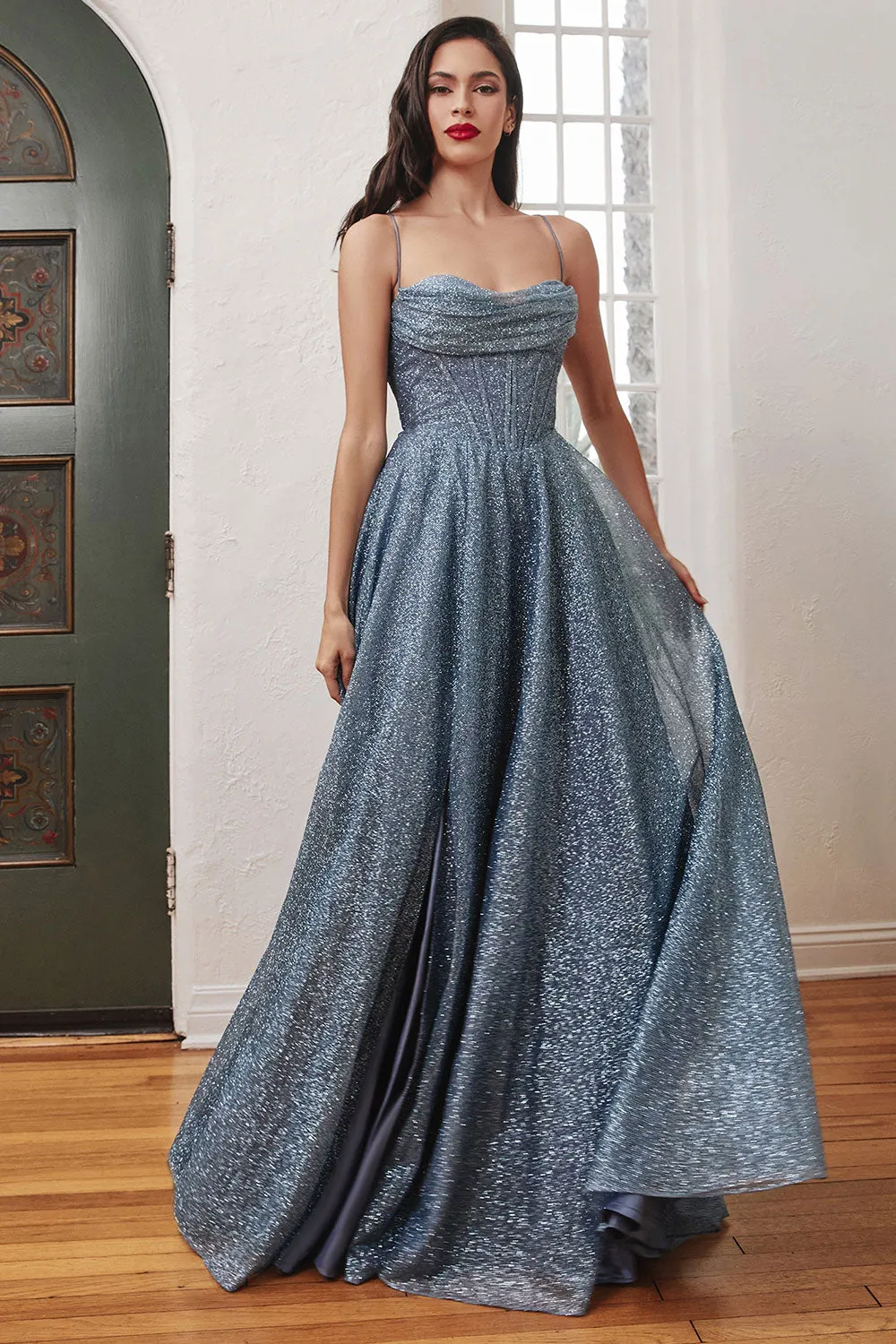 Lexy Blue Grey | Sparkly Cowl Neck Maxi Dress