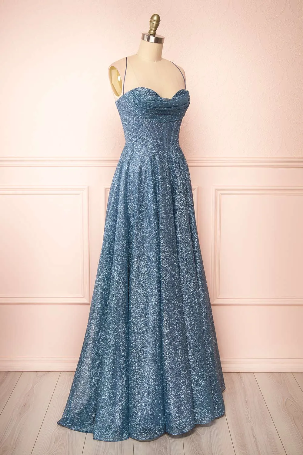 Lexy Blue Grey | Sparkly Cowl Neck Maxi Dress