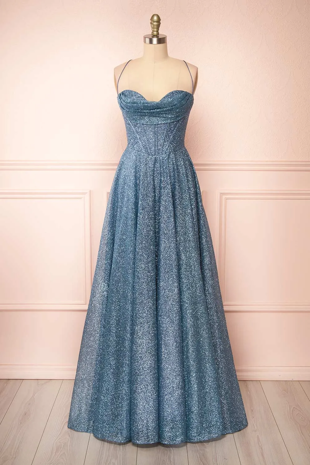 Lexy Blue Grey | Sparkly Cowl Neck Maxi Dress