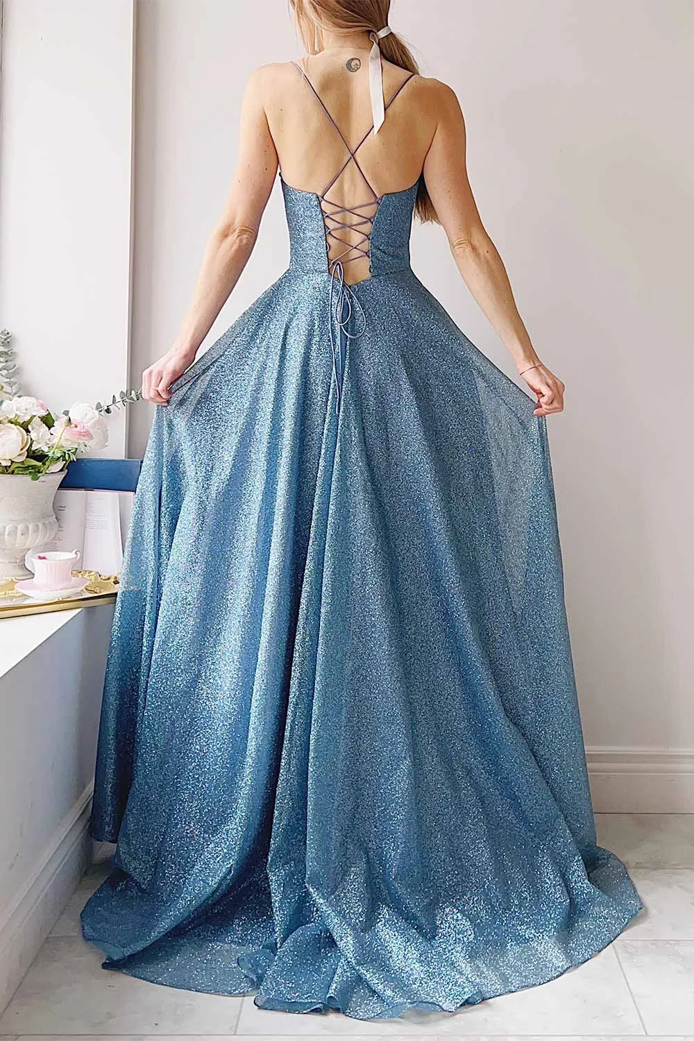 Lexy Blue Grey | Sparkly Cowl Neck Maxi Dress