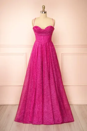 Lexy Fuchsia | Sparkly Cowl Neck Maxi Dress