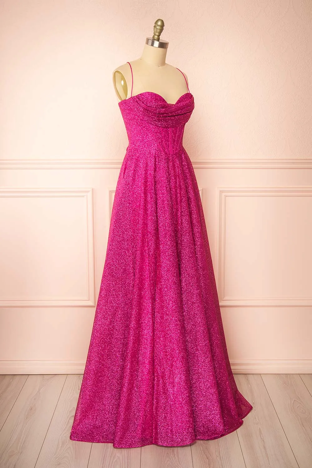 Lexy Fuchsia | Sparkly Cowl Neck Maxi Dress