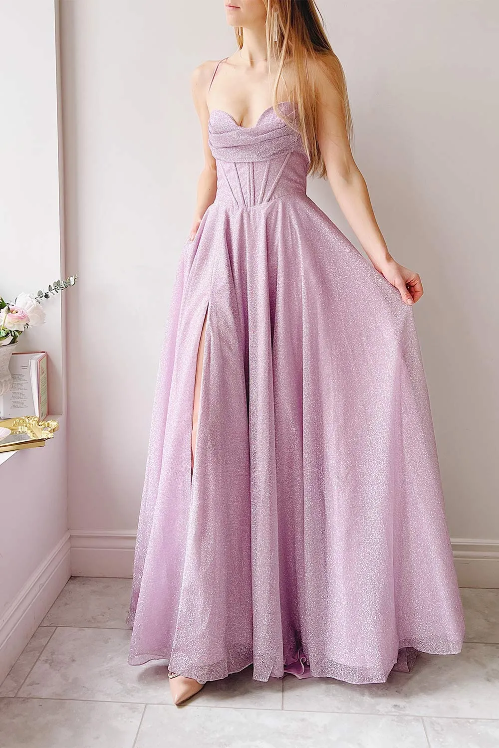 Lexy Lilac | Sparkly Cowl Neck Maxi Dress