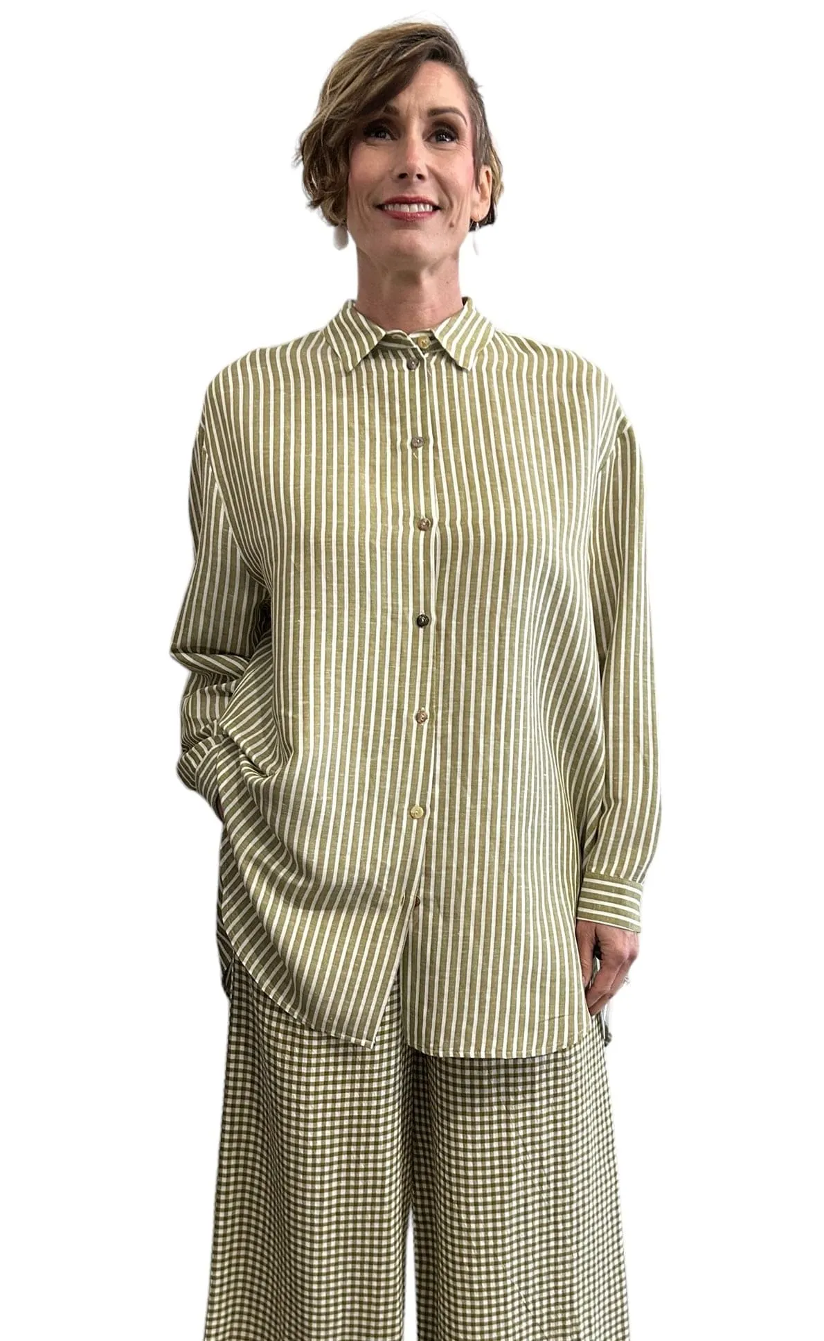 Long Shirt Dress Stripes Avocado & Cream