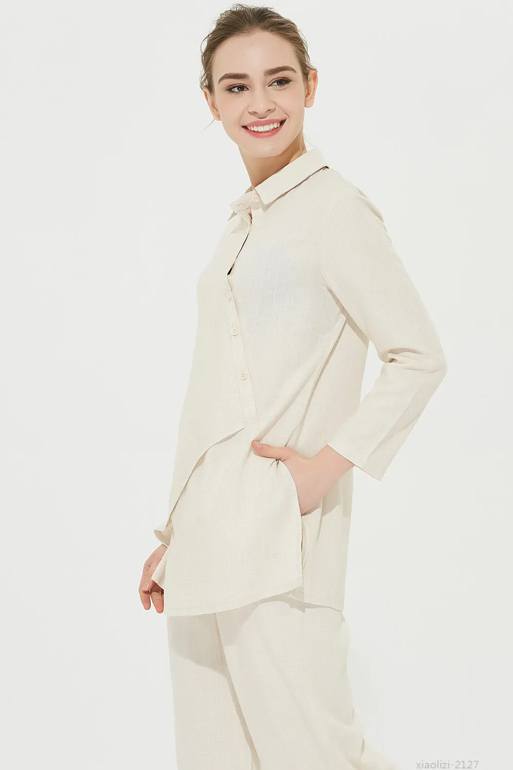 long sleeves cream linen shirt, linen blouse 2127