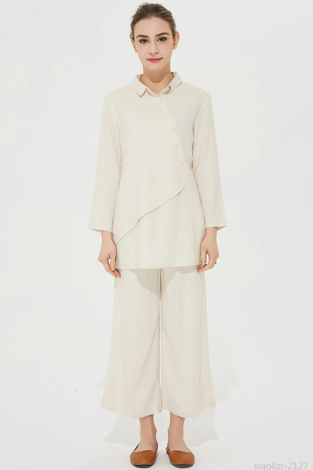 long sleeves cream linen shirt, linen blouse 2127