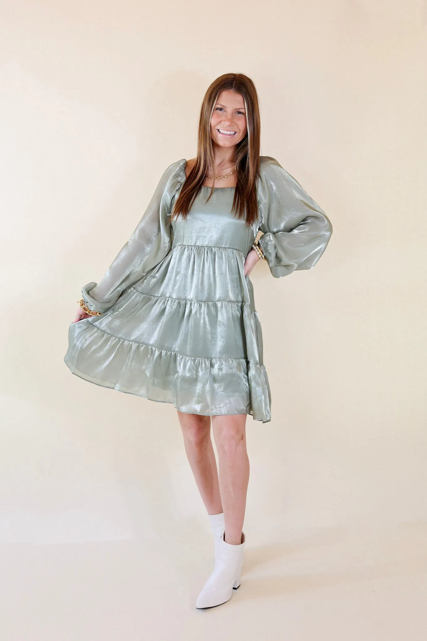 Look At Me Long Sleeve Dress in Sage Green