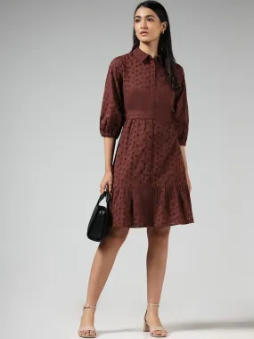 LOV Chocolate Brown Schiffli Cotton Shirt Dress with Belt