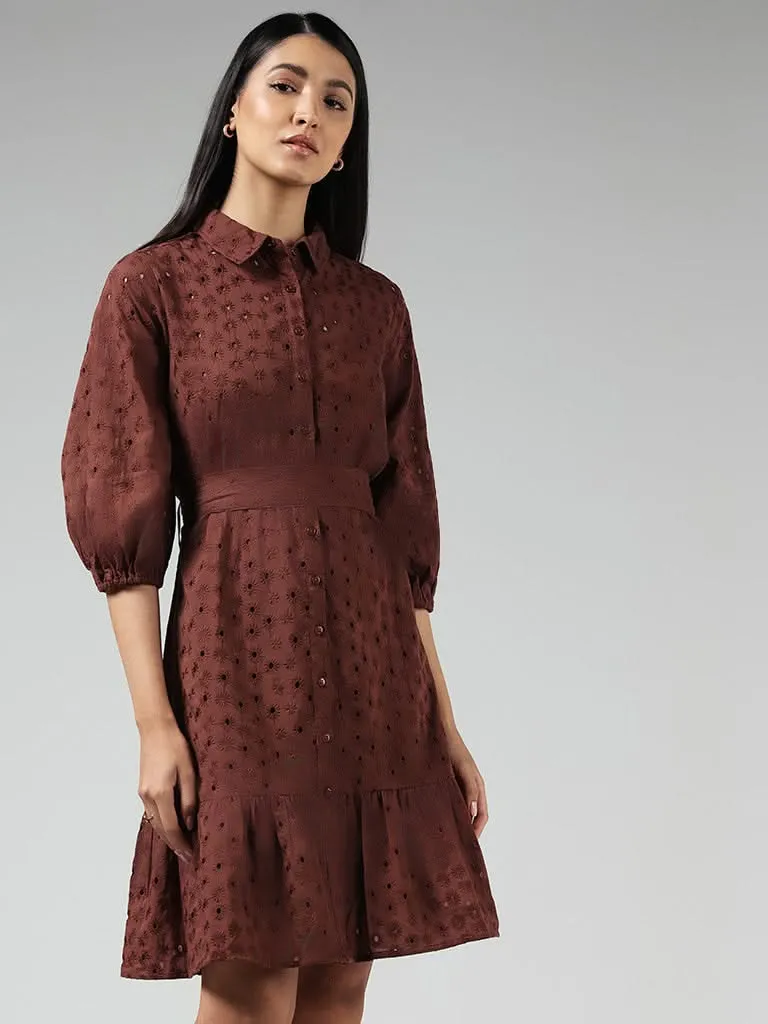 LOV Chocolate Brown Schiffli Cotton Shirt Dress with Belt