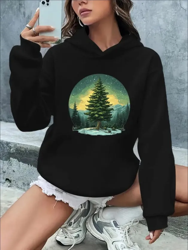 Luxe LSS Casual Hoodie with Christmas Tree Graphic