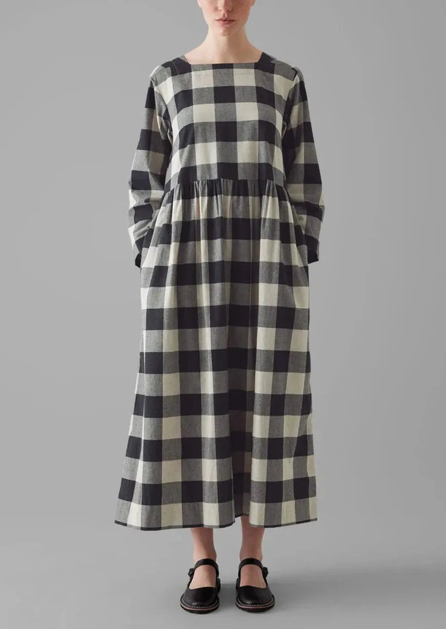 Macro Gingham Cotton Cashmere Dress, Onyx/Ecru