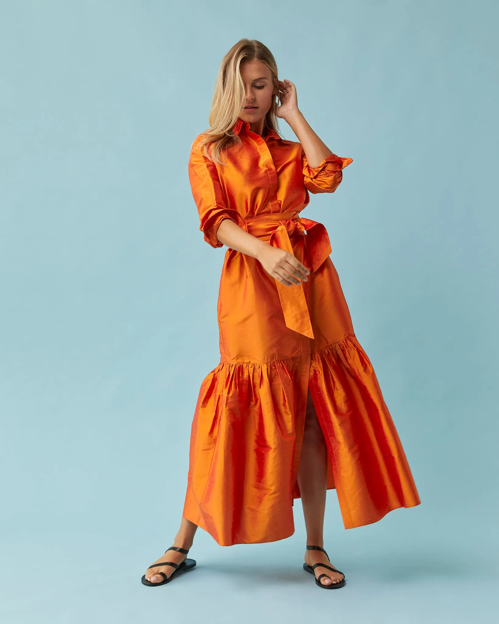 Manon Dress in Tangerine Silk Shantung