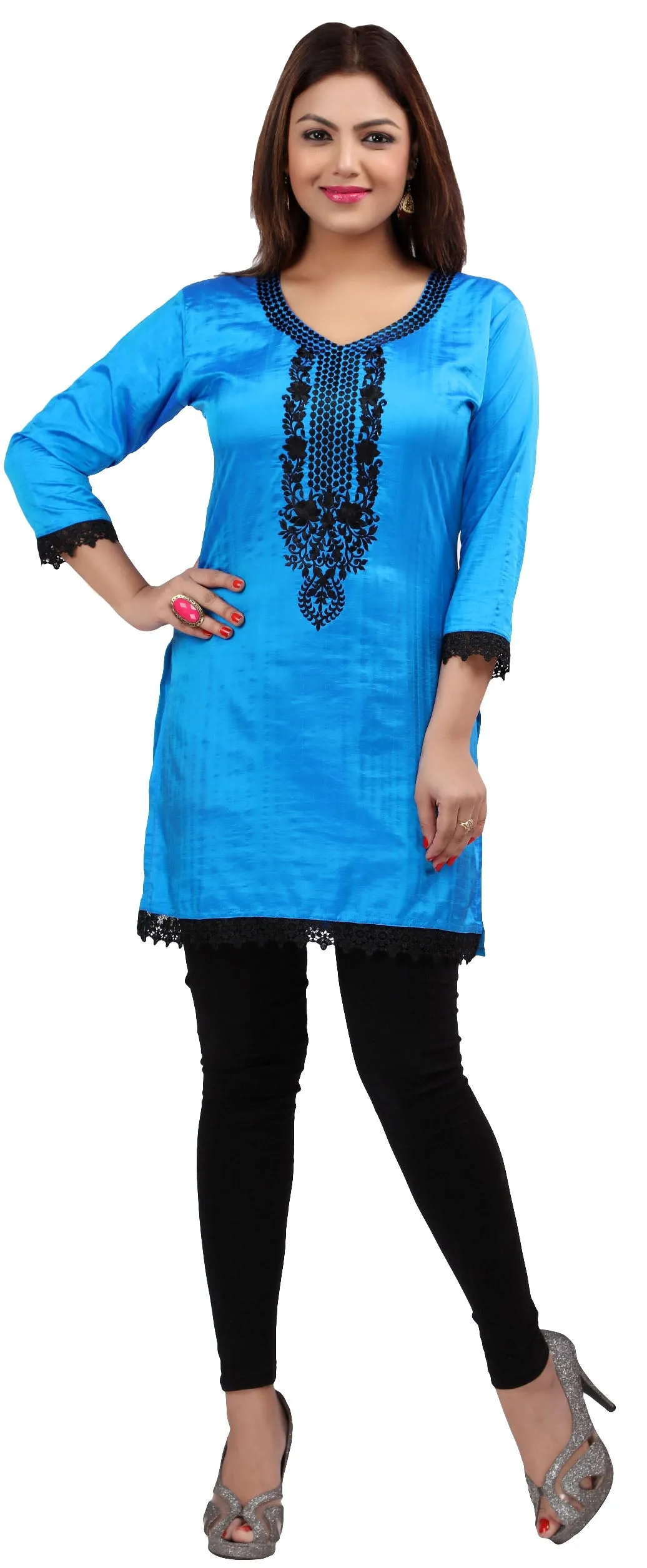 Maple Clothing Kurti Women's Blouse Embroidered Indian Clothing (Blue)