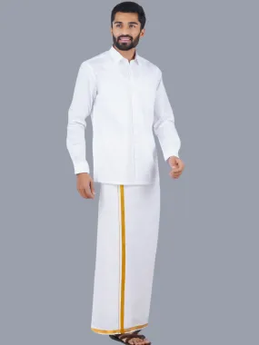 Men 100% Cotton White Full Sleeves Shirt with 3/4'' inch Gold Jari Single Dhoti Combo