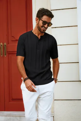 Men Textured Knitted T-Shirt Short Sleeve Henley Neck Knitwear Tops