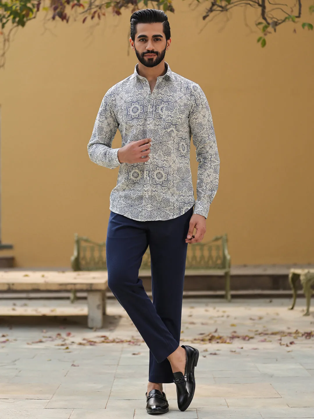 Men's Ethnic Print Pure Cotton Grey Casual Shirt