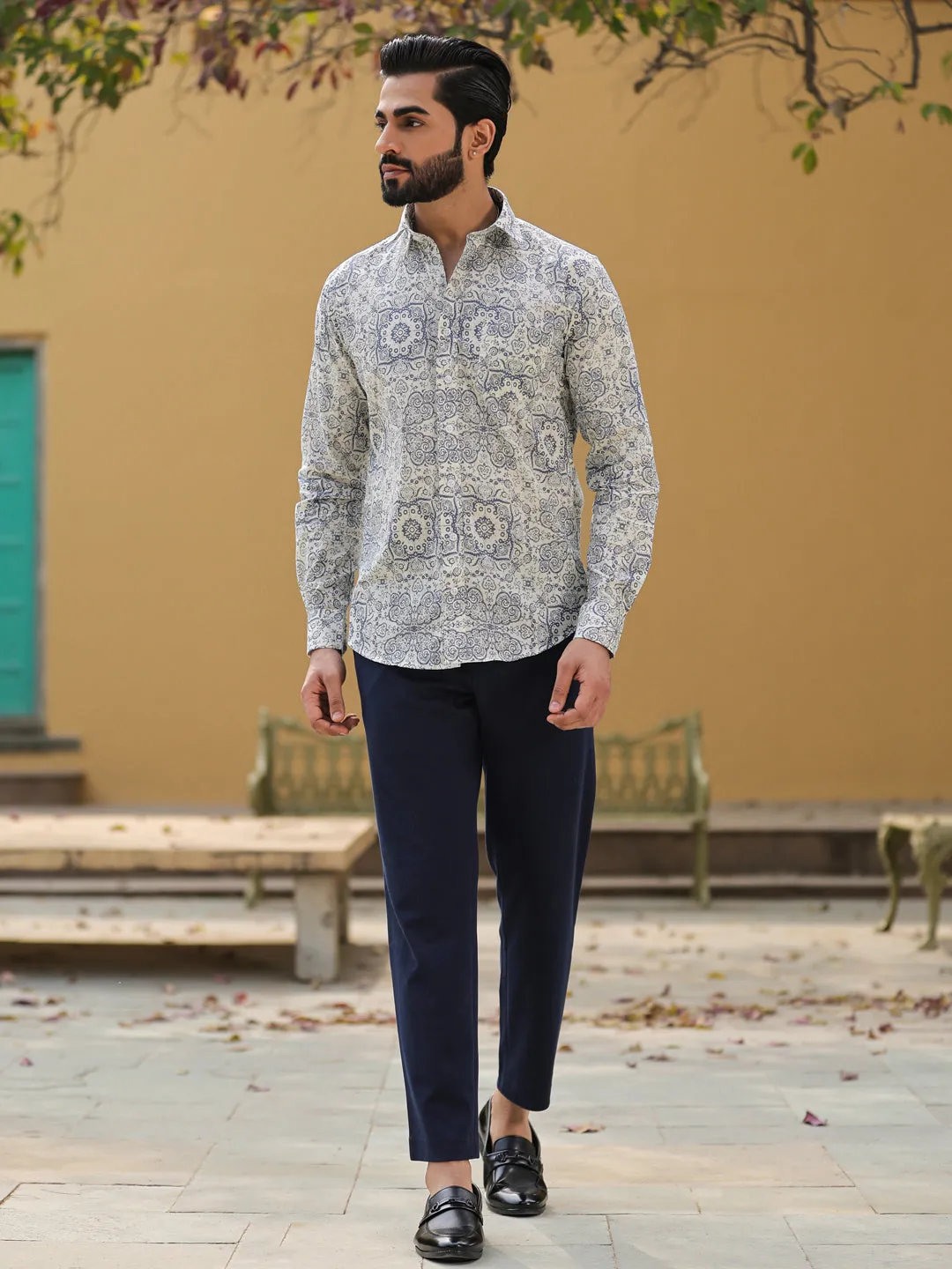 Men's Ethnic Print Pure Cotton Grey Casual Shirt