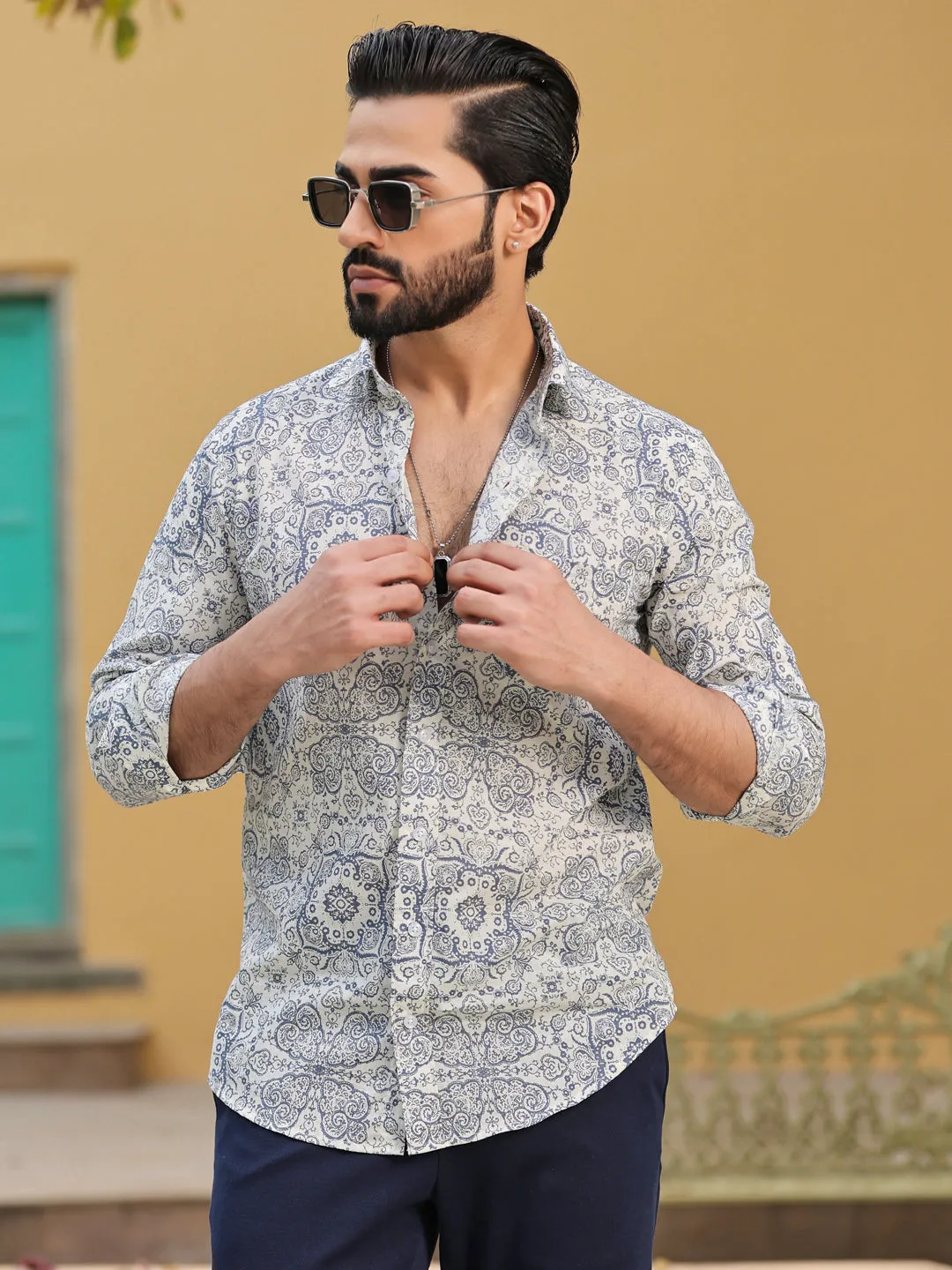 Men's Ethnic Print Pure Cotton Grey Casual Shirt