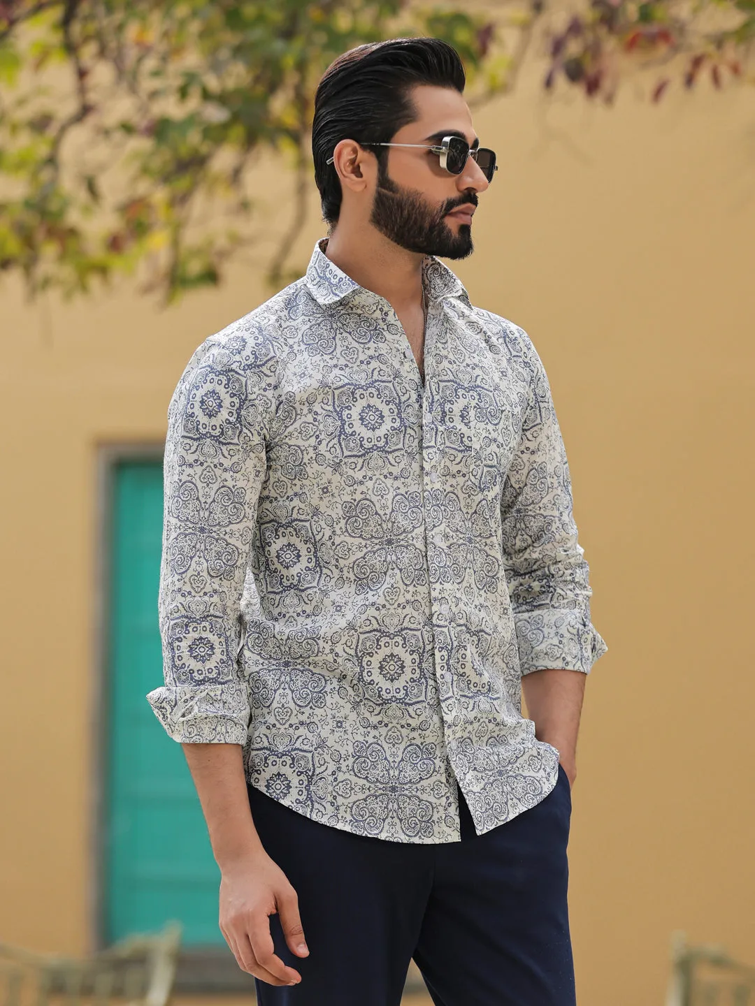 Men's Ethnic Print Pure Cotton Grey Casual Shirt