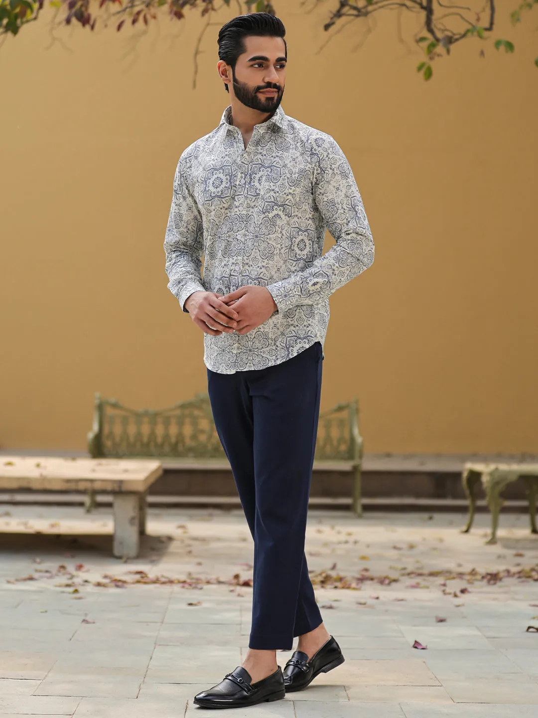 Men's Ethnic Print Pure Cotton Grey Casual Shirt