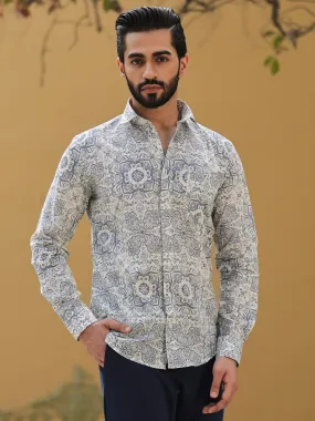 Men's Ethnic Print Pure Cotton Grey Casual Shirt