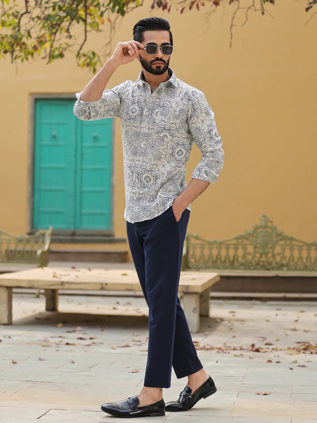 Men's Ethnic Print Pure Cotton Grey Casual Shirt