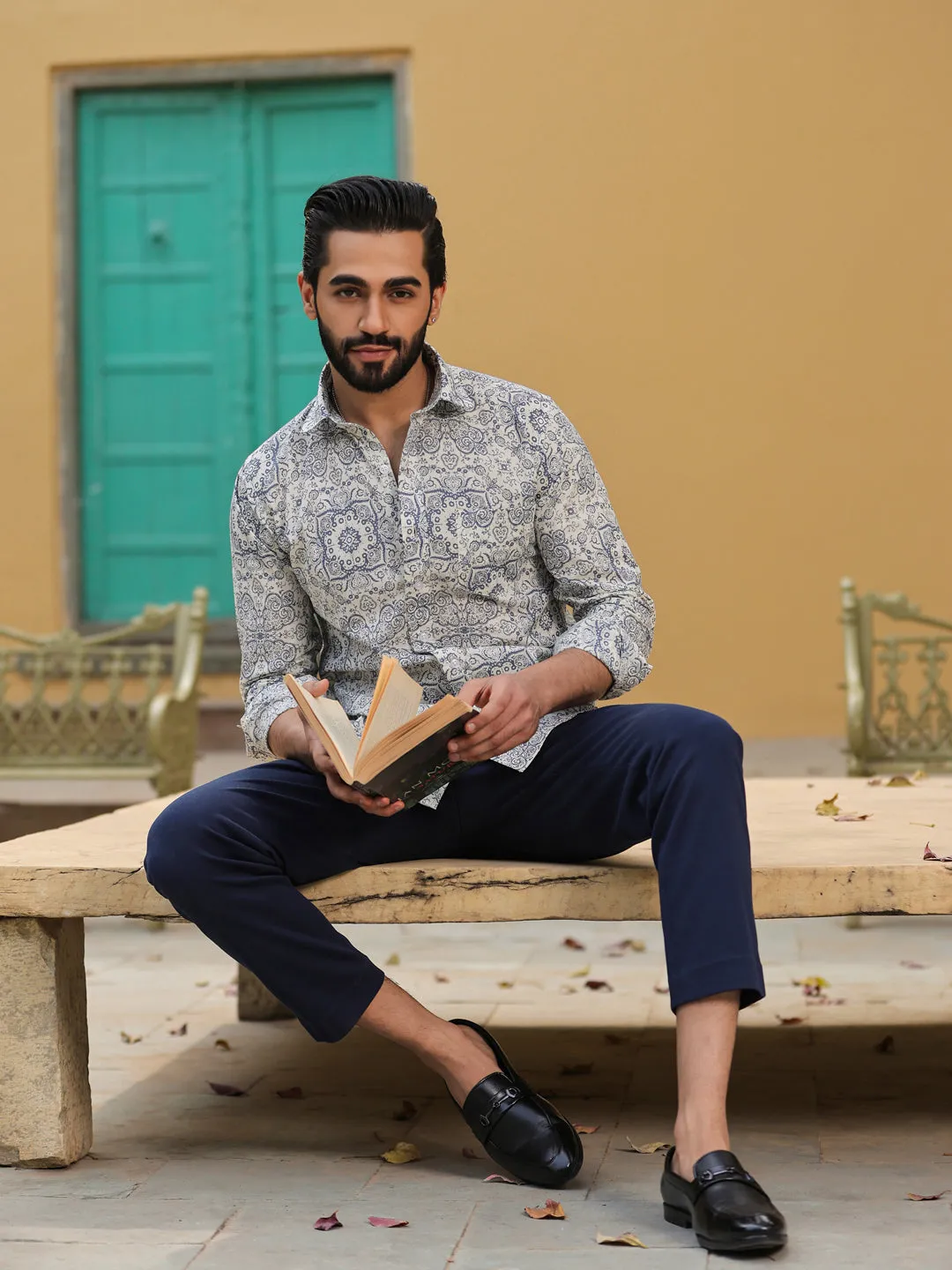 Men's Ethnic Print Pure Cotton Grey Casual Shirt