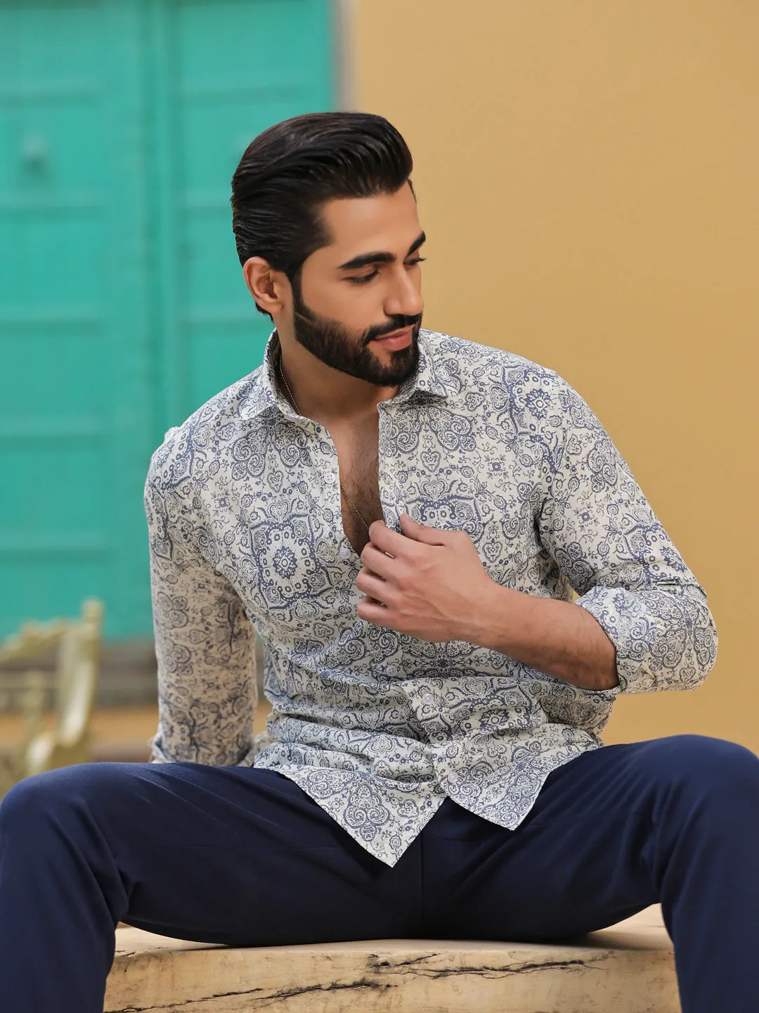 Men's Ethnic Print Pure Cotton Grey Casual Shirt