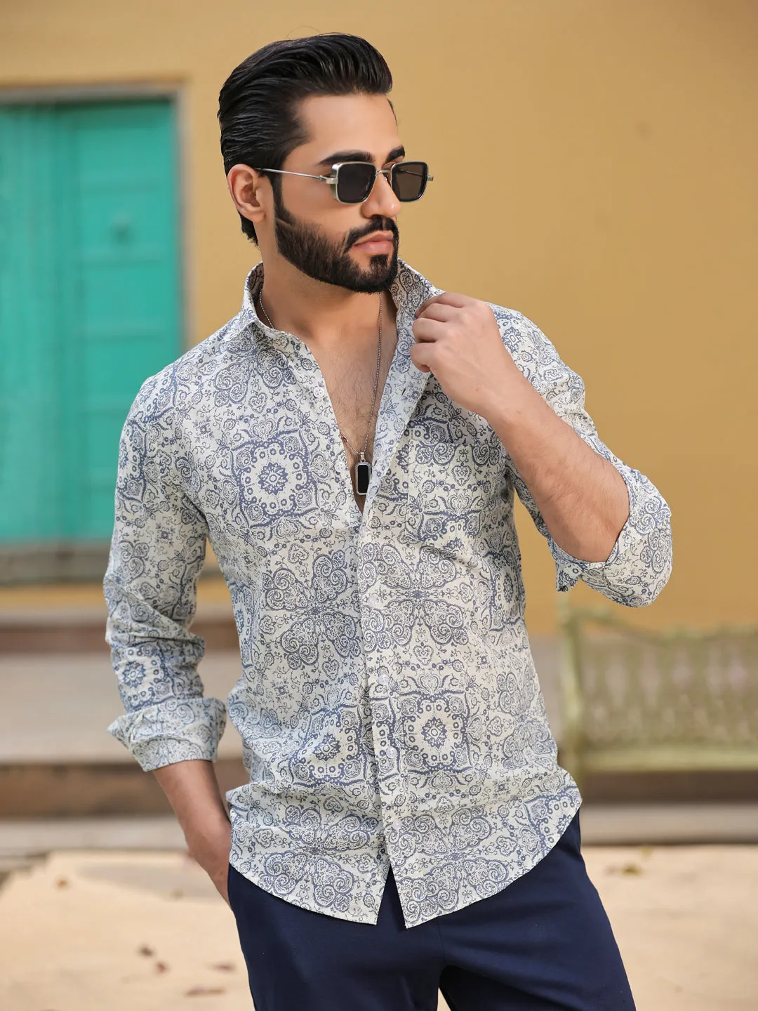 Men's Ethnic Print Pure Cotton Grey Casual Shirt