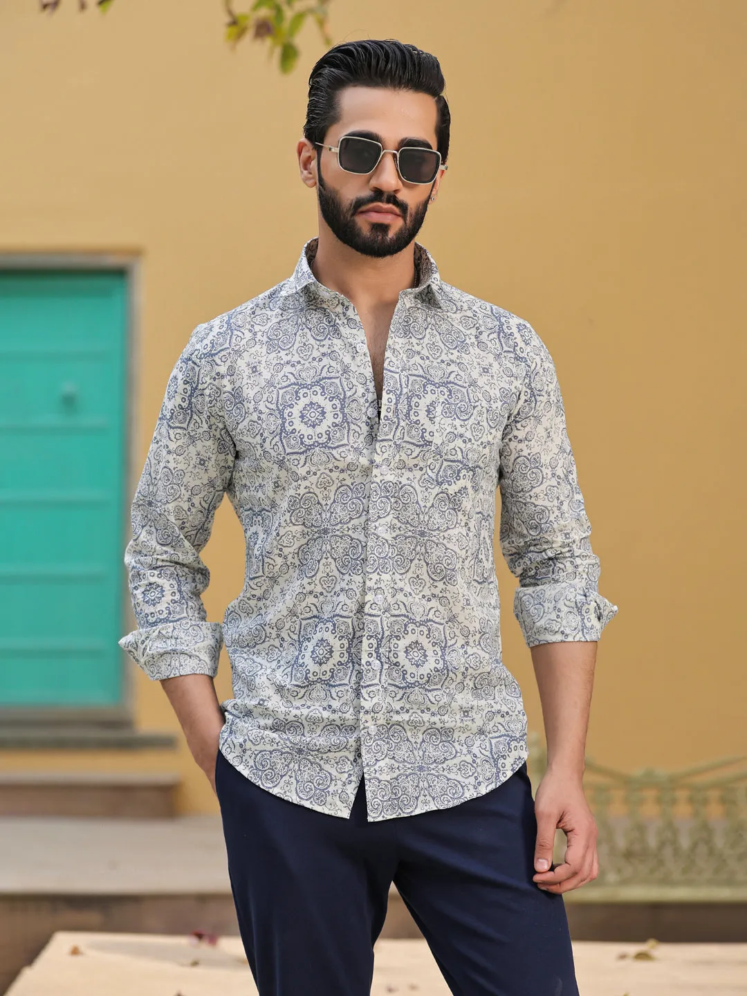 Men's Ethnic Print Pure Cotton Grey Casual Shirt