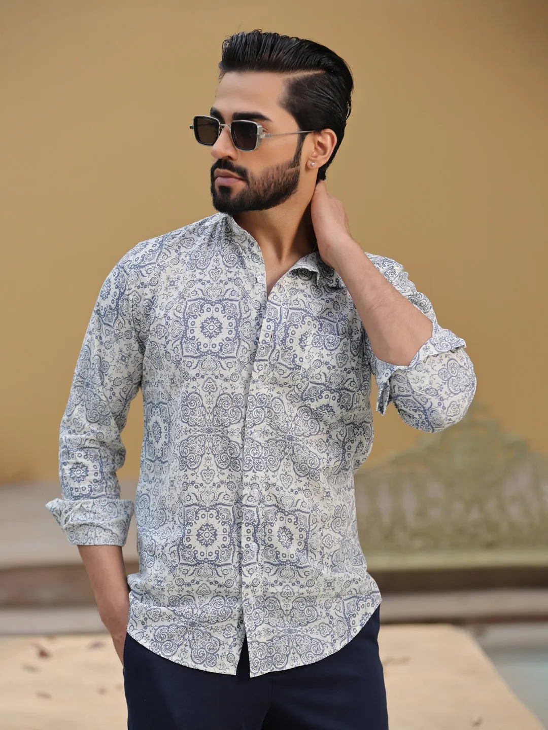 Men's Ethnic Print Pure Cotton Grey Casual Shirt