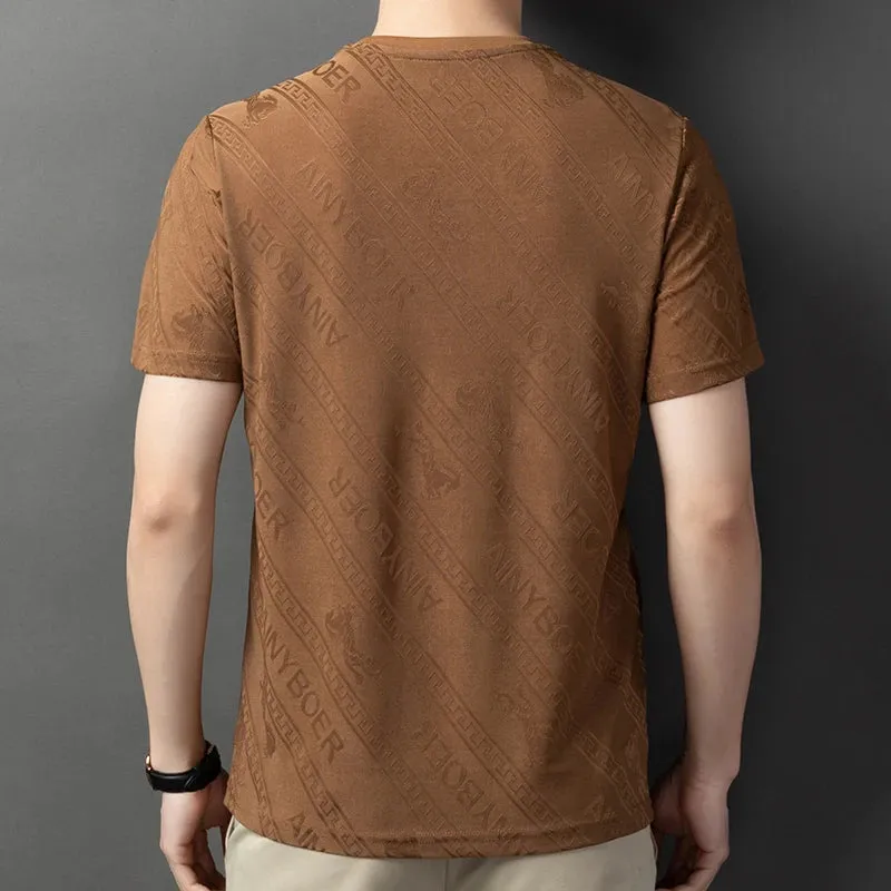 Men's Solid Color Jacquard Round Neck Short sleeved T-shirt Fashion Casual Wrinkle Resistant Comfortable Top