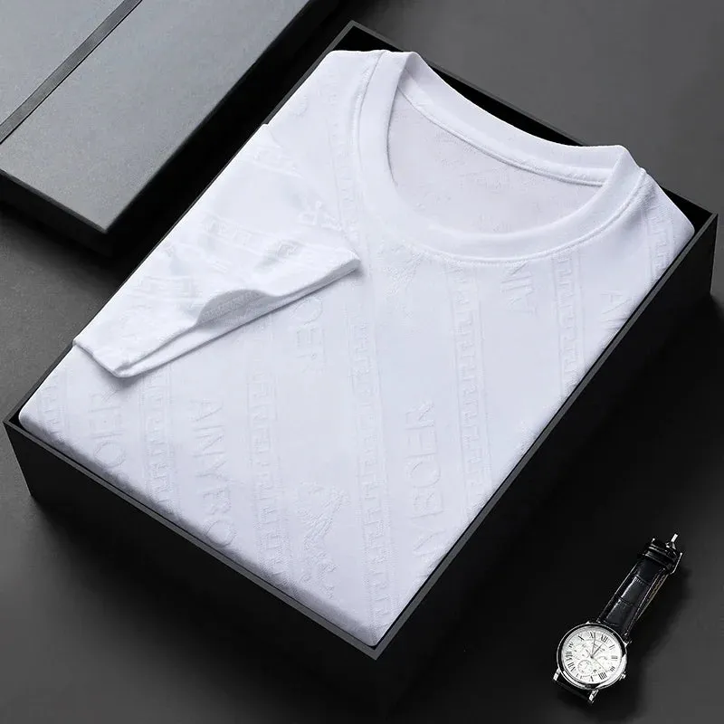 Men's Solid Color Jacquard Round Neck Short sleeved T-shirt Fashion Casual Wrinkle Resistant Comfortable Top