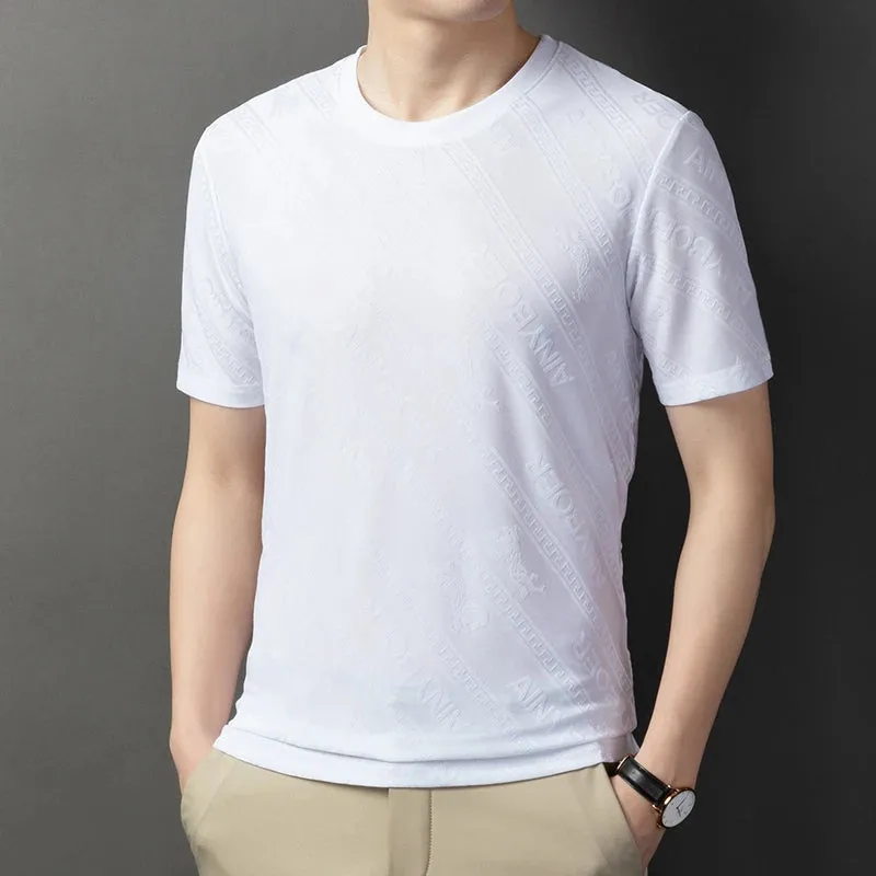 Men's Solid Color Jacquard Round Neck Short sleeved T-shirt Fashion Casual Wrinkle Resistant Comfortable Top