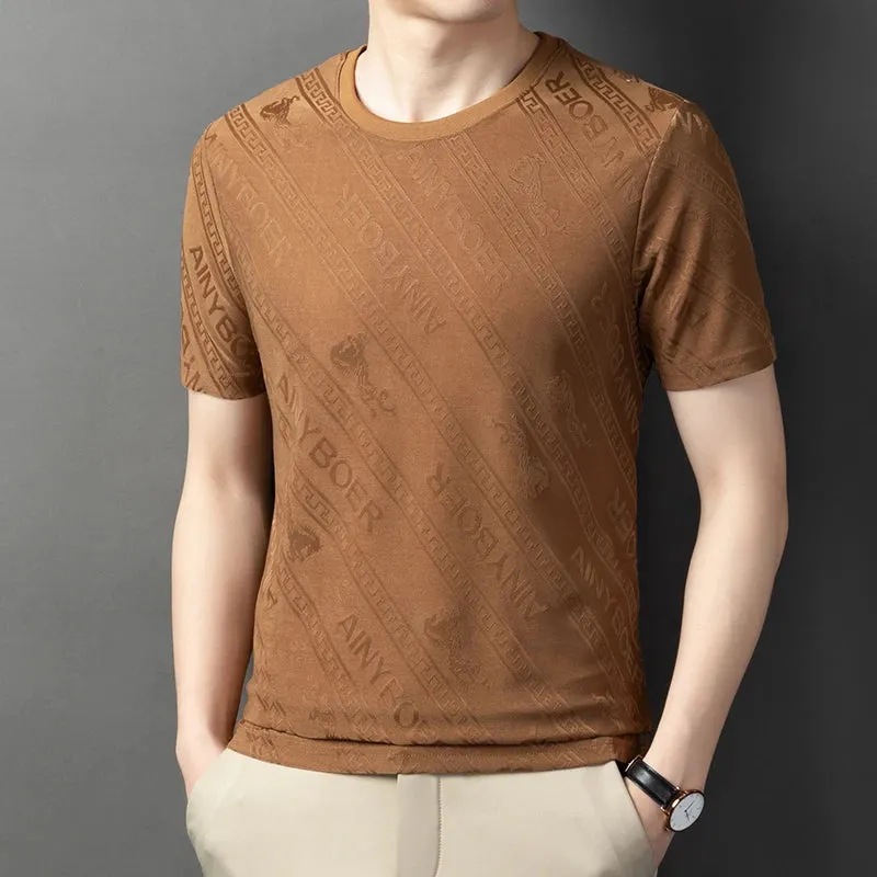 Men's Solid Color Jacquard Round Neck Short sleeved T-shirt Fashion Casual Wrinkle Resistant Comfortable Top