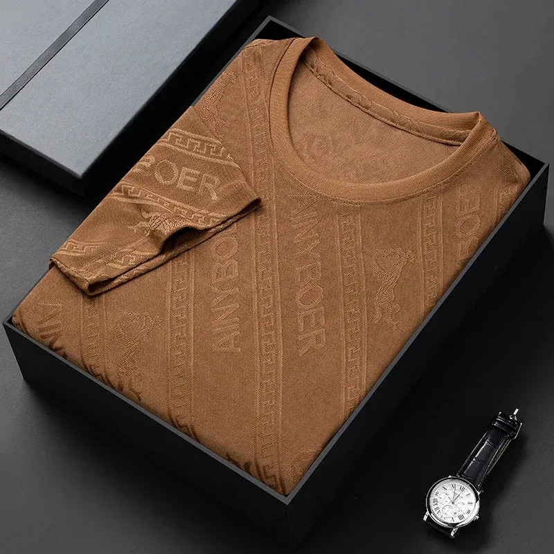 Men's Solid Color Jacquard Round Neck Short sleeved T-shirt Fashion Casual Wrinkle Resistant Comfortable Top