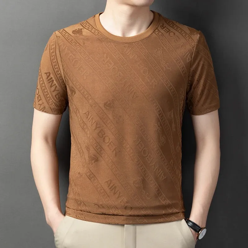 Men's Solid Color Jacquard Round Neck Short sleeved T-shirt Fashion Casual Wrinkle Resistant Comfortable Top