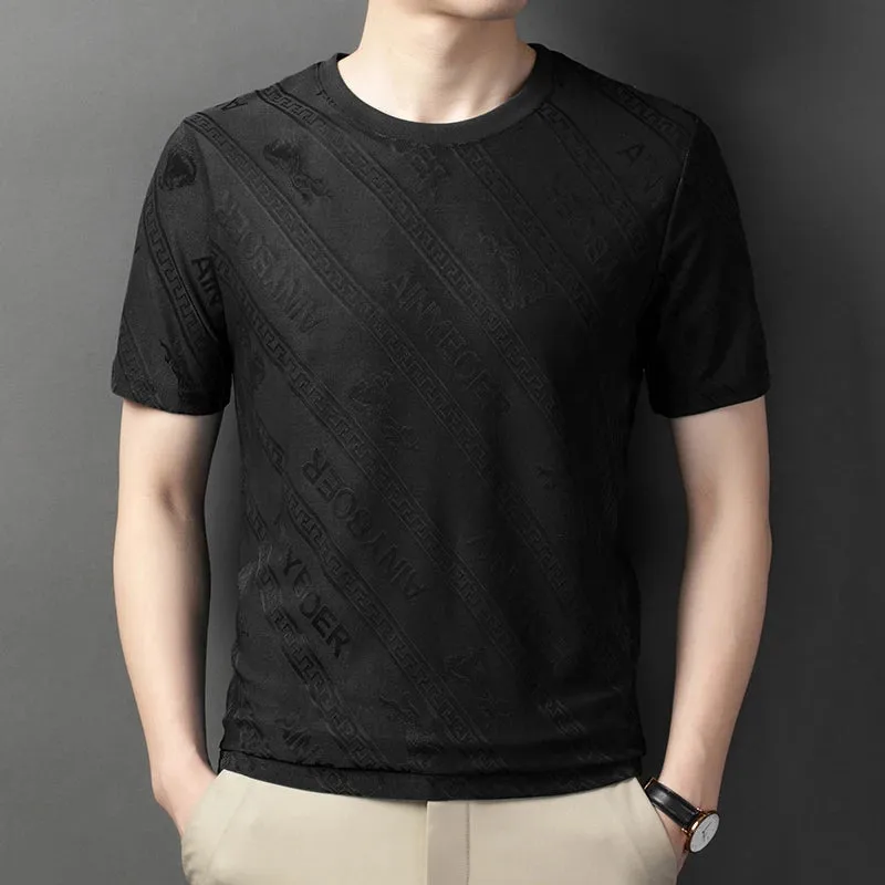 Men's Solid Color Jacquard Round Neck Short sleeved T-shirt Fashion Casual Wrinkle Resistant Comfortable Top