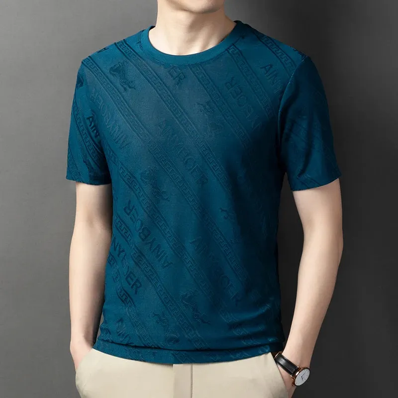 Men's Solid Color Jacquard Round Neck Short sleeved T-shirt Fashion Casual Wrinkle Resistant Comfortable Top