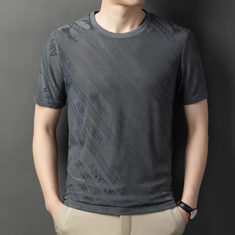 Men's Solid Color Jacquard Round Neck Short sleeved T-shirt Fashion Casual Wrinkle Resistant Comfortable Top