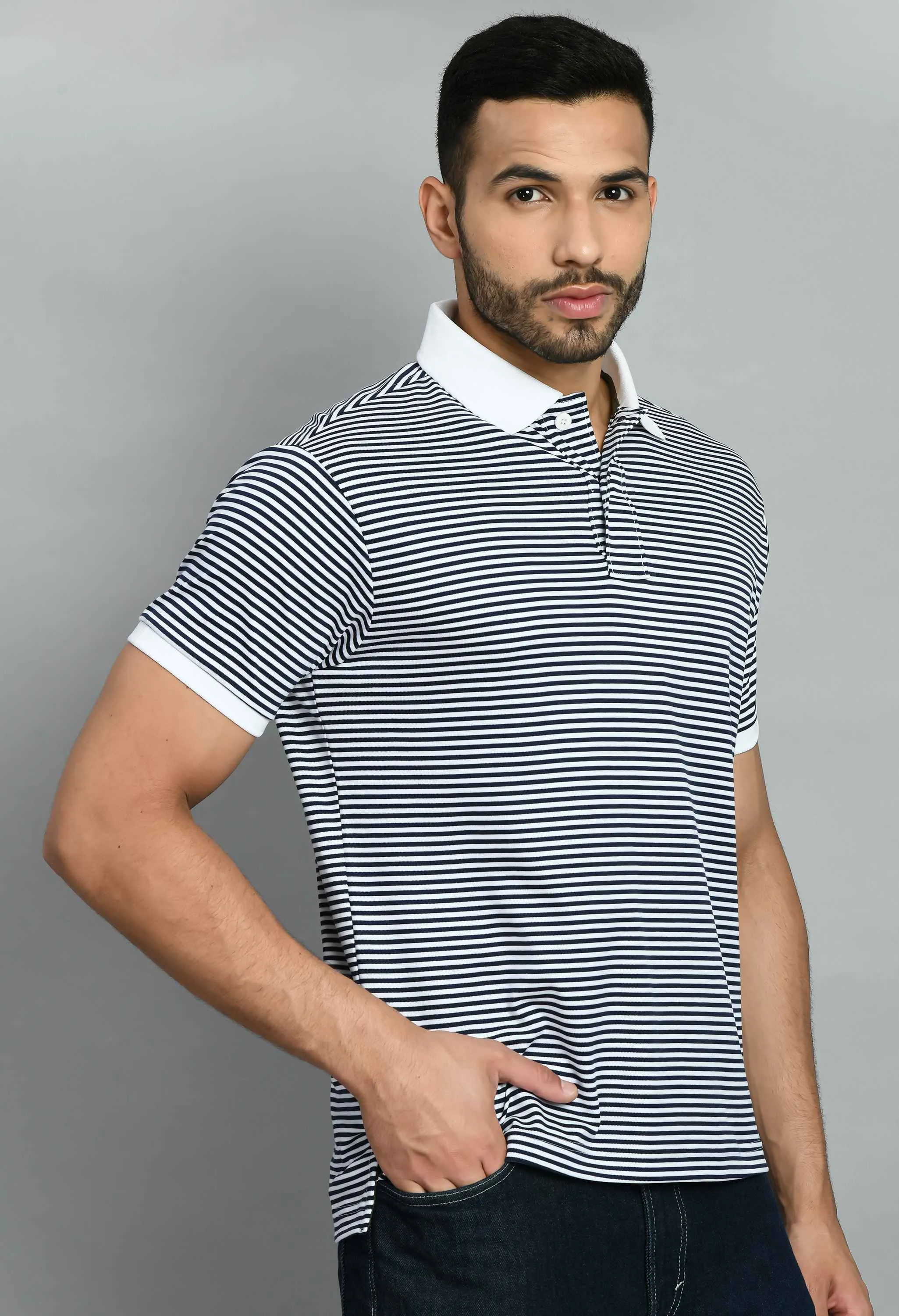 Men's Striped White Navy Smart Fit Polo Tees