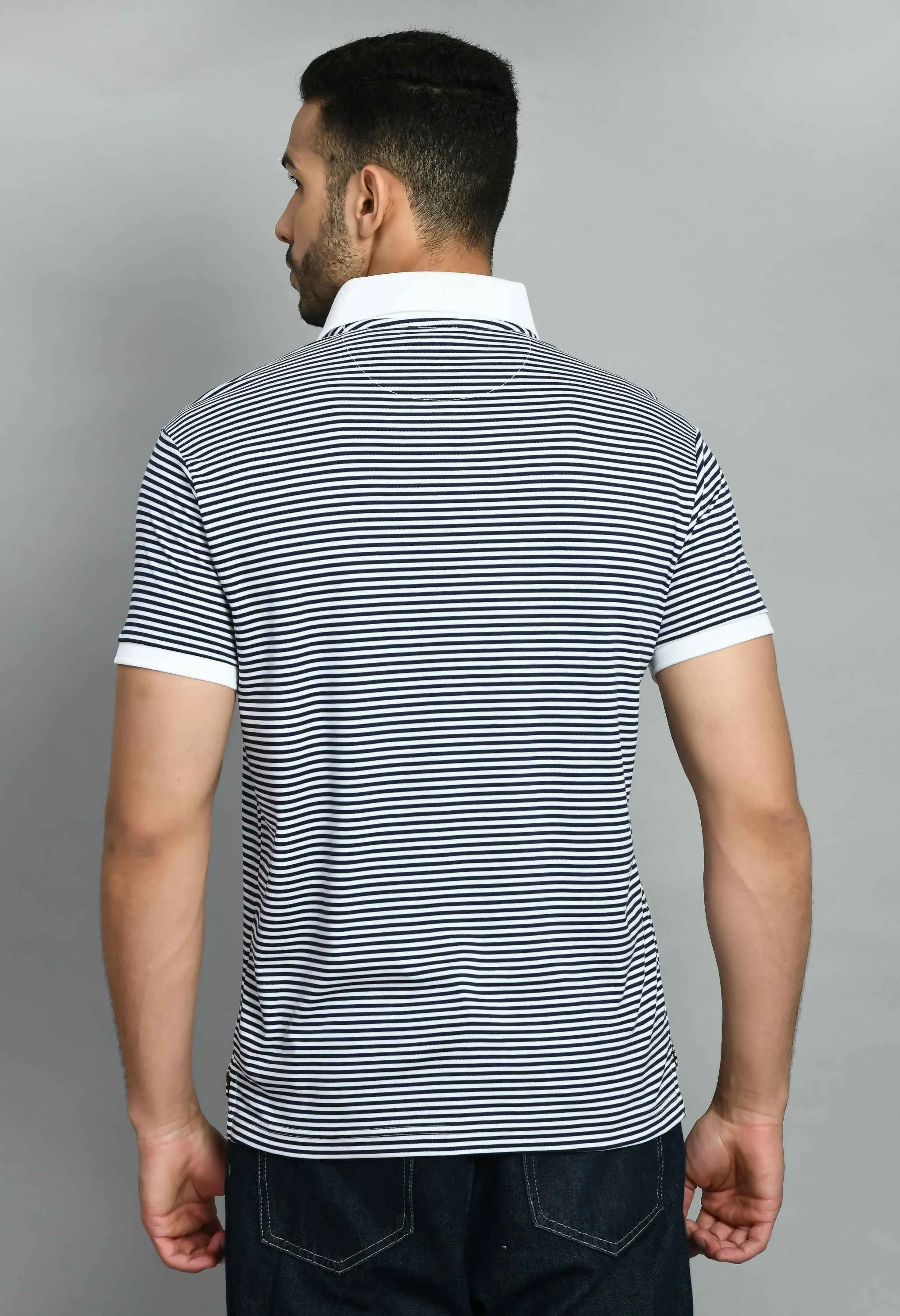 Men's Striped White Navy Smart Fit Polo Tees