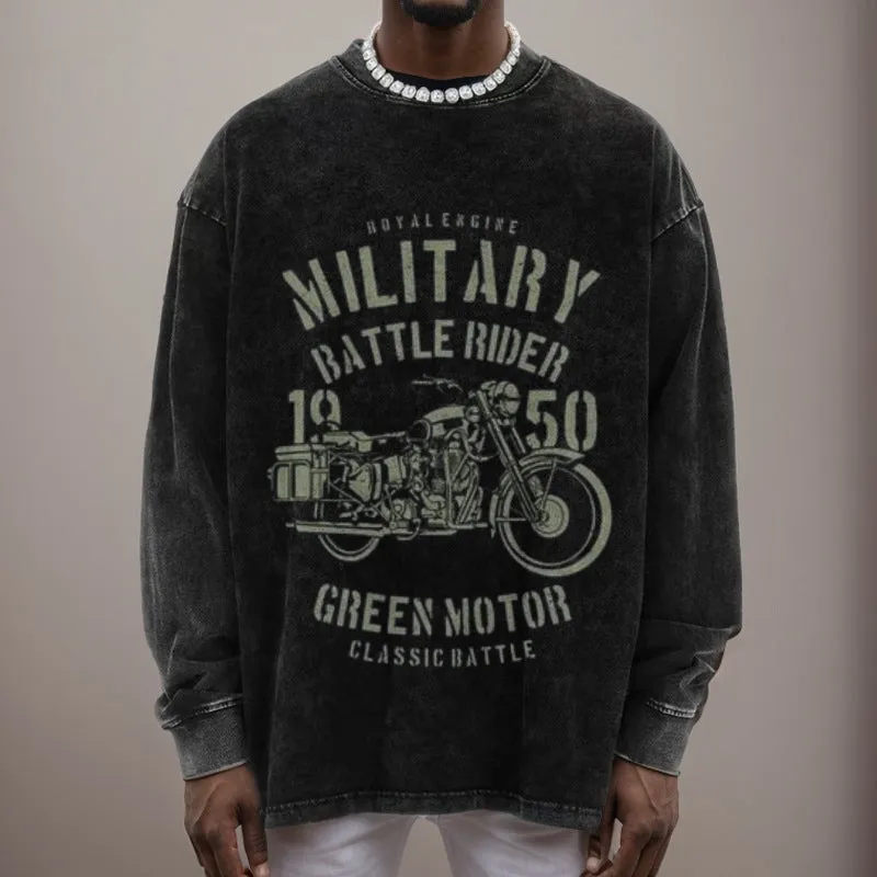 Mens Vintage Military Ride Motorcycle Print Sweatshirt